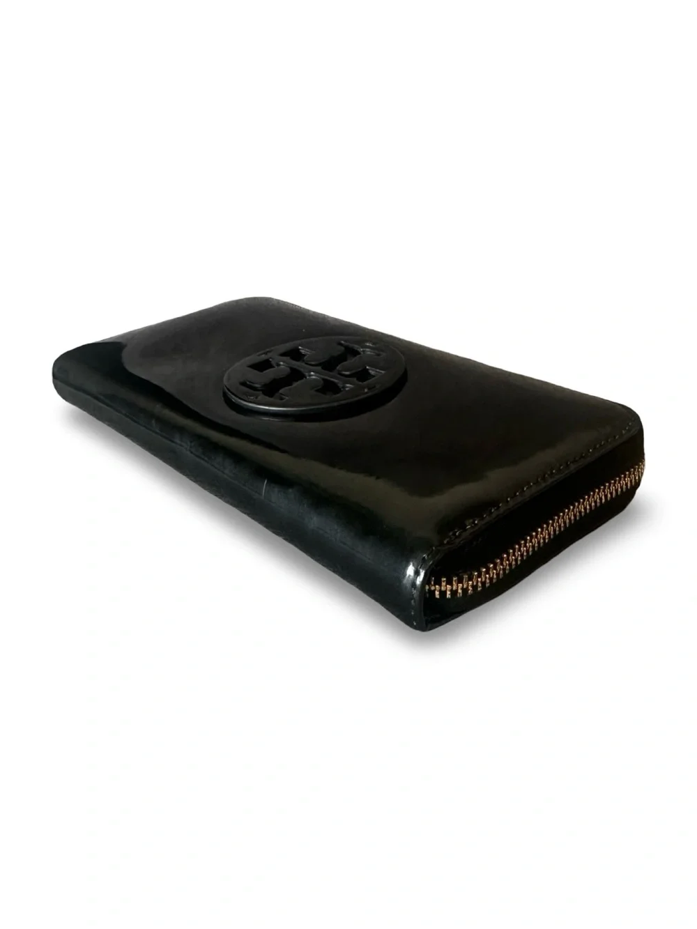 Tory Burch With Paper Work Black Patent Leather Zip Wallet